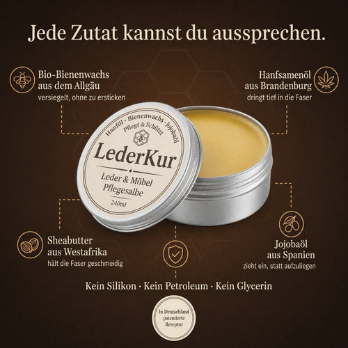 LederKur — Die Sattler-Salbe für Holz & Leder