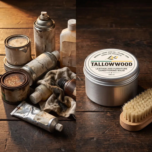 Tallowwood shelf of old leather products